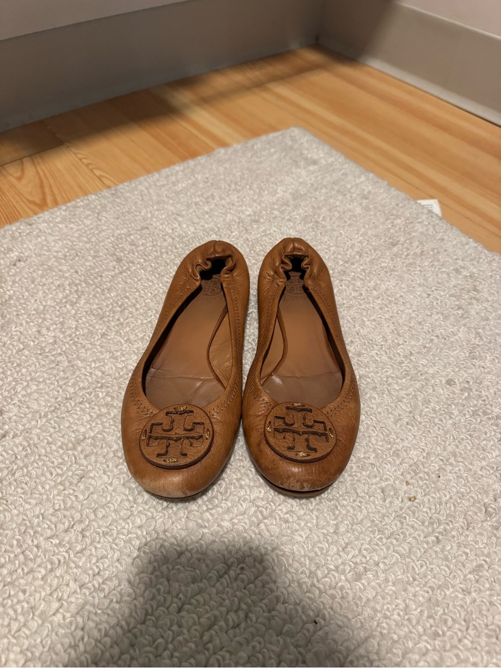 Tory Burch Cognac Leather Logo Ballet Flats